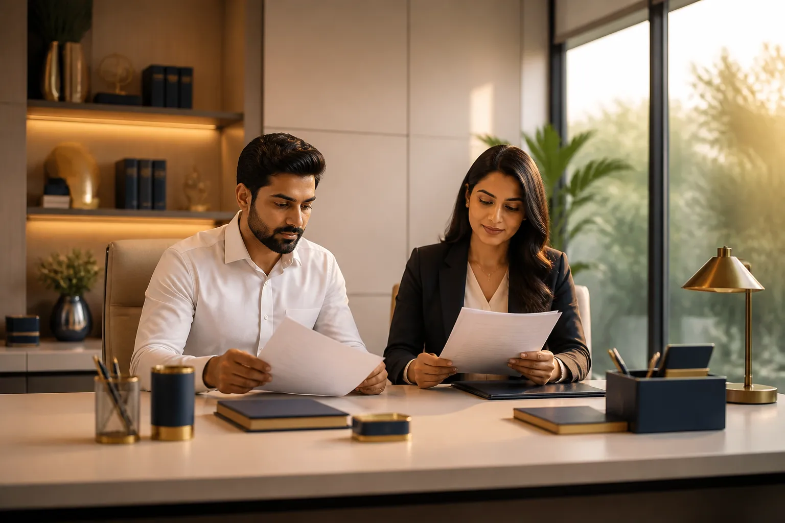 CA Deepak Gupta and Advocate Monika Mittal reviewing documents in their professional office